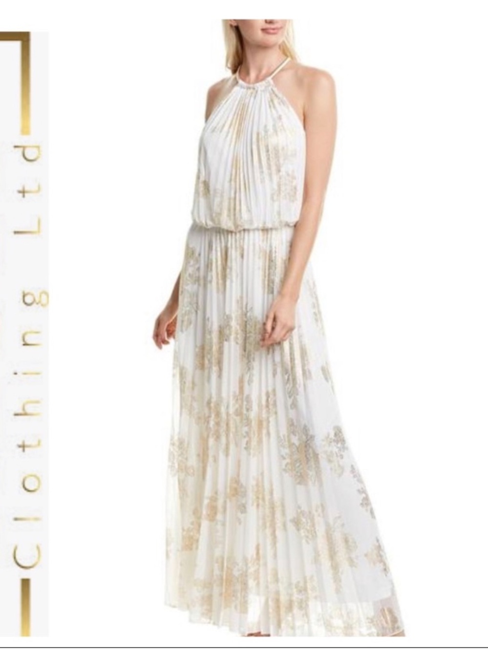 MSK White and Gold Halter Pleated Maxi Gown